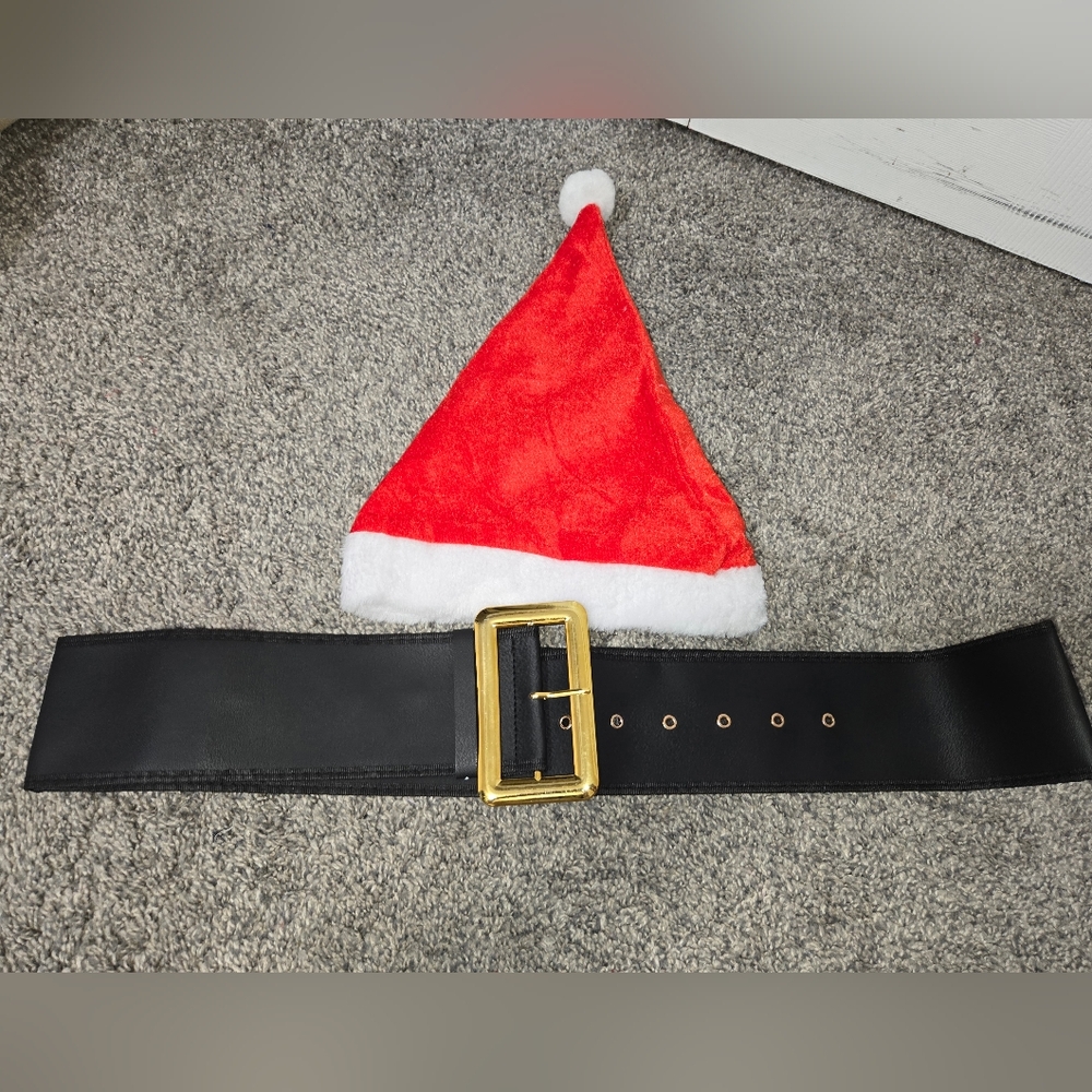 Santa Hat and Black Belt with Gold Buckle, Belt Fits 42-60 Inch Waist